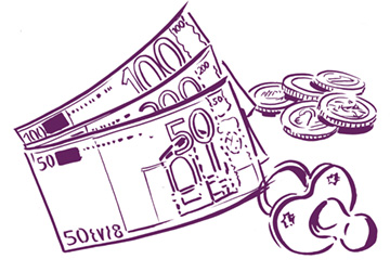 Illustration: Geldscheine, Münzen und ein Baby-Schnuller. 